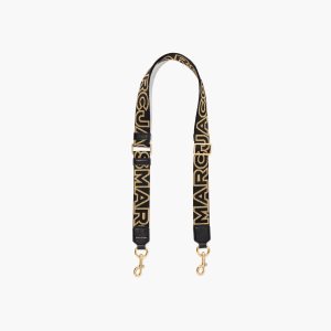Marc Jacobs Thin Outline Logo Webbing λουρακια μαυρα χρυσο χρωμα | 54FLZKMJQ